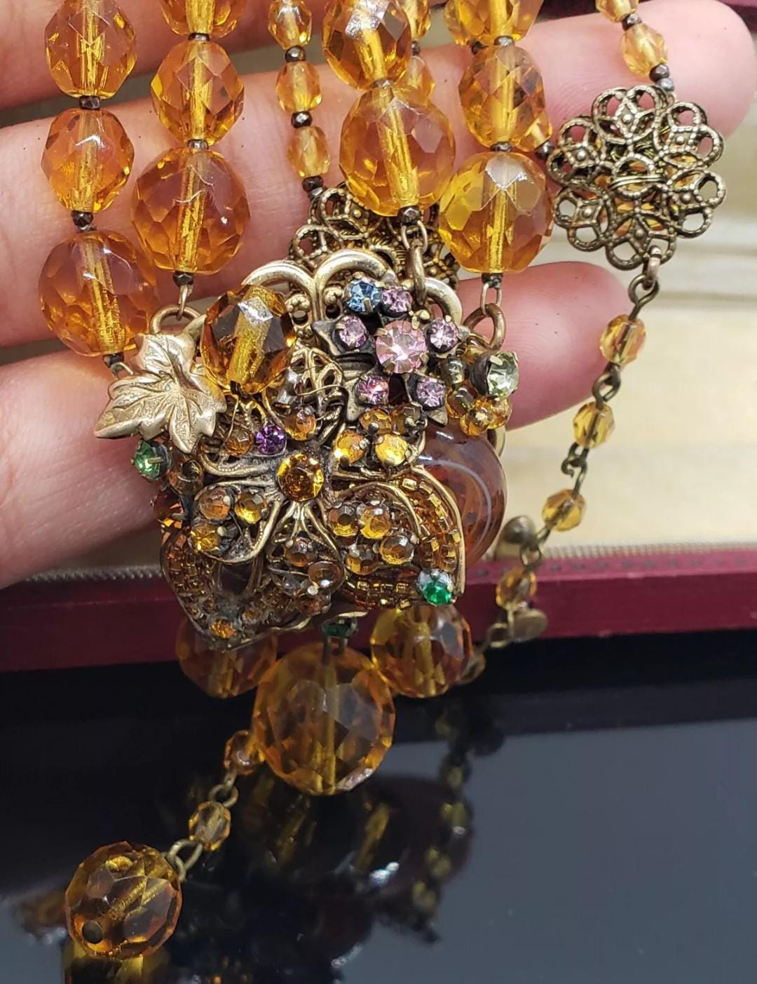 Rare Signed Miriam Haskell Citrine Amber Glass Rhinestone Crystal