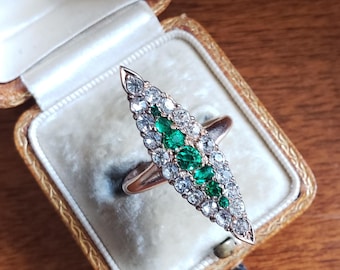 Antique 14K Gold Marquise / navette Green and Clear Diamond Paste Stone Ring, Wedding, Engagement, Statement Ring, Victorian, Georgian