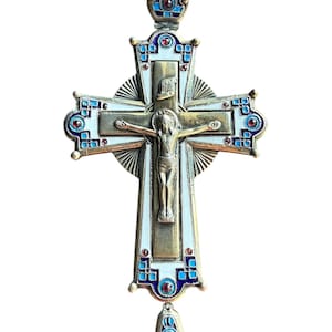 Antique Imperial Russia 84 Silver Enamel Pectoral Cross Pendant, Workmaster, КП Konstantin Prokofiev, 1900s