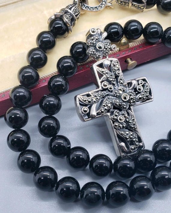 Vintage 925 Sterling Silver Beaded Onyx Marcasite Cross Necklace
