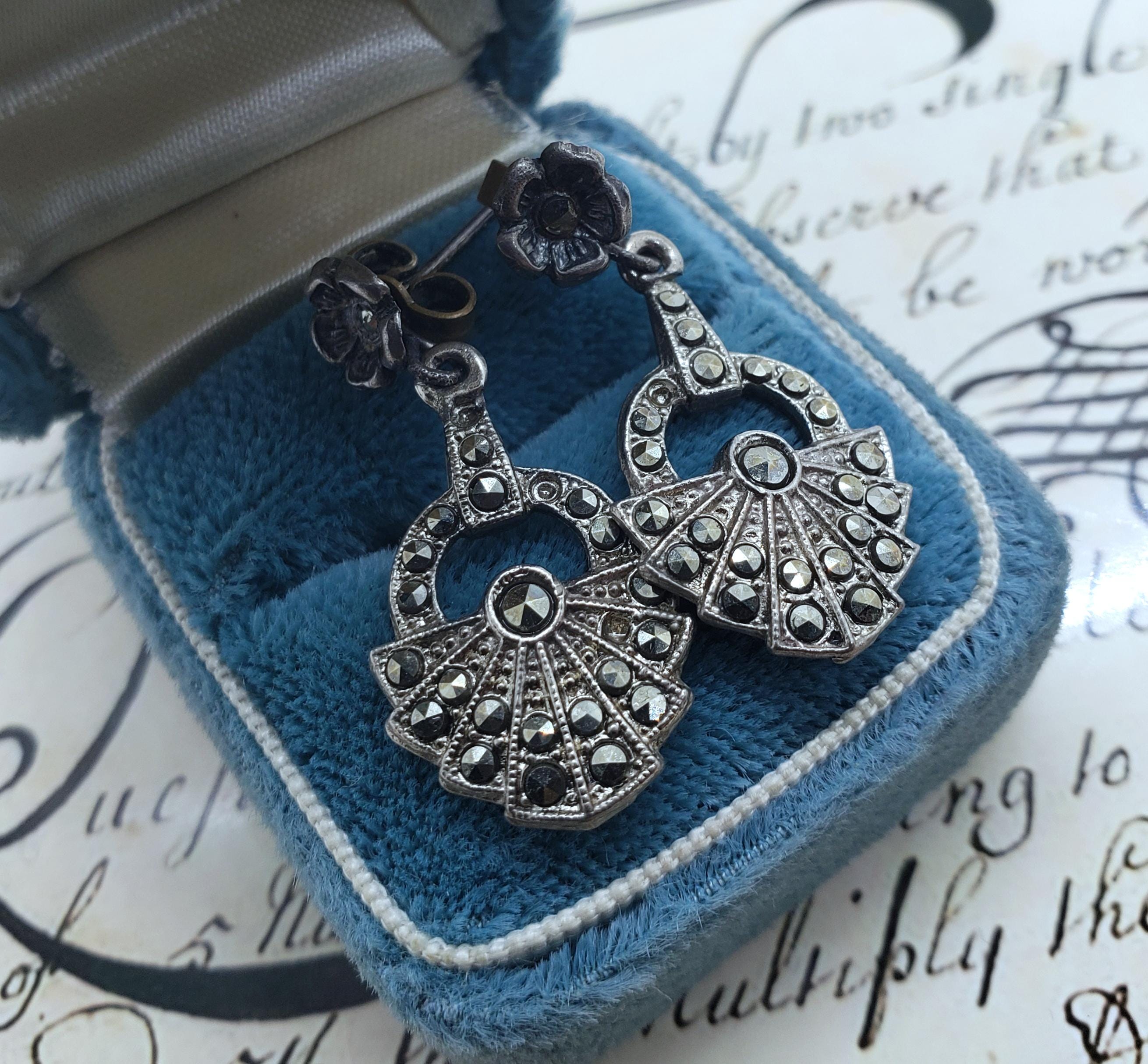 Boucles D'oreilles Anciennes Art Déco En Marcassite Et Crochet Argent 925 - Occasion