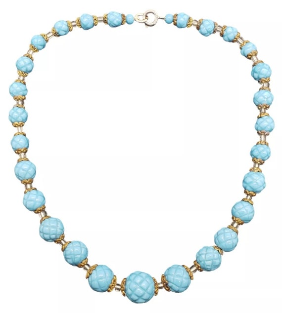 Antique Venetian Murano Opaline Art Glass Beaded Necklace , Goldtone caps