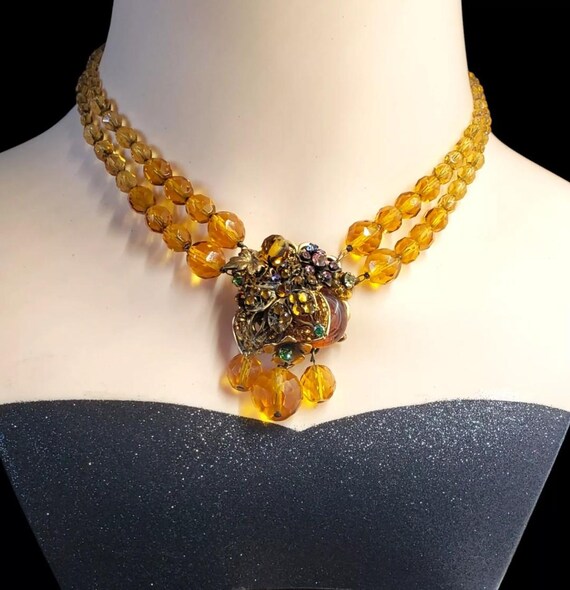 Rare Signed Miriam Haskell Citrine Amber Glass Rh… - image 3