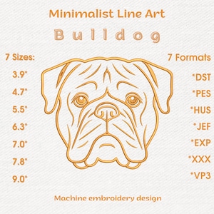 Puede incluir: Diseño minimalista de un bulldog en color dorado. La imagen muestra la cara del perro con detalles. Disponible en 7 tamaños, de 9,9 cm a 22,9 cm, y 7 formatos de bordado. El texto "Bulldog" y "Machine embroidery design" también están presentes.