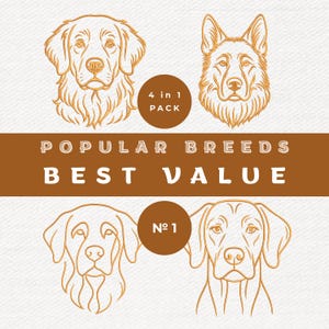 Hund Stickdatei Set – Stickmuster Beliebte Hunderassen Line Art Minimalistisch Paket (4 in 1)