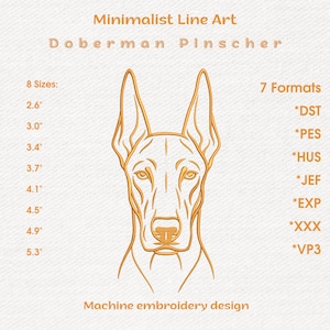 Könnte beinhalten: Maschinenstickdesign im minimalistischen Stil, das einen Dobermann Pinscher darstellt. Das Design enthält den Text "Minimalist Line Art" und "Doberman Pinscher". Erhältlich in 8 Größen, von 6,6 cm bis 13,5 cm, und 7 Formaten.
