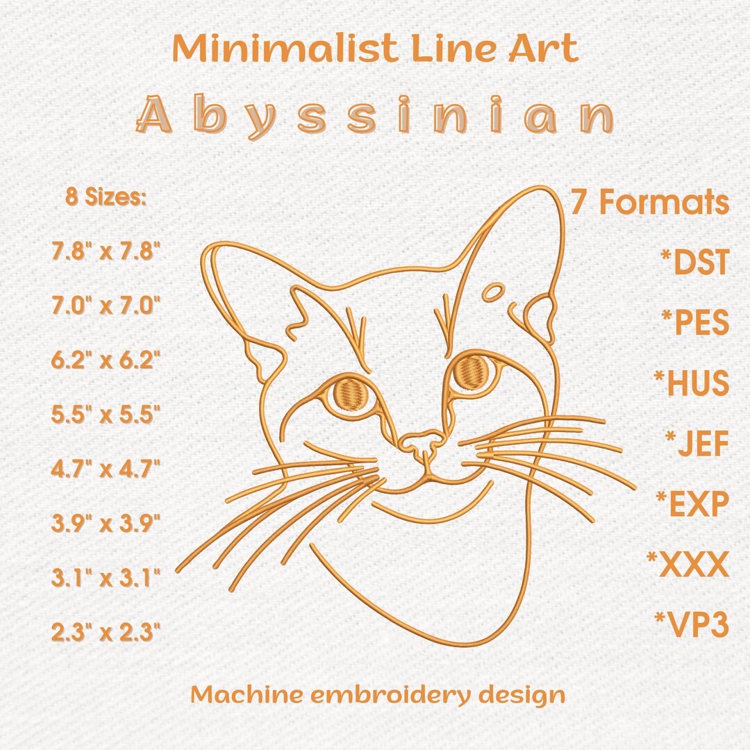 Abyssinian Cat Embroidery Design, Minimalist Line Art Pet Pattern, Cat ...