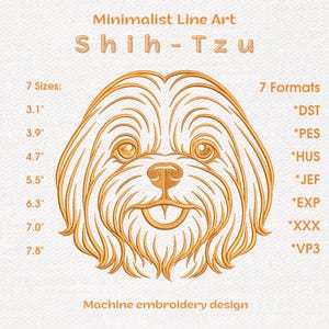 Op de afbeelding: Minimalistisch lijnkunst Shih-Tzu machine borduurontwerp. Het ontwerp toont een gedetailleerde omtrek van een Shih-Tzu hondengezicht in goud. Inclusief 7 maten van 7,9 cm tot 19,8 cm en 7 formaten.