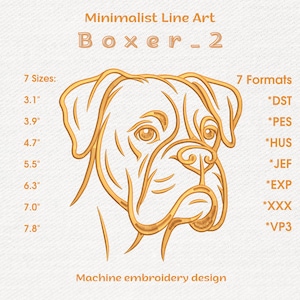 Könnte beinhalten: Minimalistisches Maschinenstickdesign eines Boxer-Hundegesichts in Goldtönen, mit dem Titel "Boxer_2". Das Design ist in 7 Größen von 7,8 cm bis 19,8 cm und in 7 Formaten, darunter DST und PES, erhältlich. Der Text "Machine embroidery design" ist ebenfalls vorhanden.
