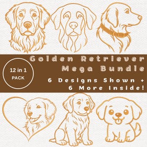 Puede incluir: Una colección digital de seis ilustraciones de líneas de golden retriever con varias poses y estilos, incluyendo una forma de corazón y un cachorro. El texto dice: Golden Retriever Mega Bundle, 12 in 1 PACK, 6 Designs Shown + 6 More Inside!