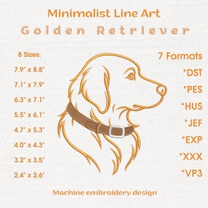 Broderidesign för Golden Retriever-halsband – Minimalistisk hundlinjekonst, maskinfil – Gåva för husdjursälskare