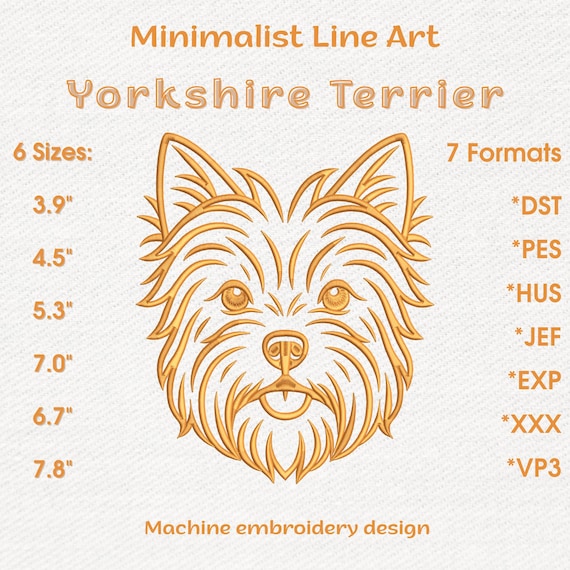 Chic Yorkshire Terrier Embroidery Pattern | Playful Line Art Sketch | 6 Sizes | Instant Digital Download