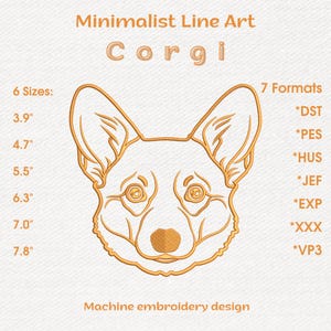 Könnte beinhalten: Minimalistisches Stickdesign in Gold, das das Gesicht eines Corgi-Hundes zeigt. Erhältlich in 6 Größen, von 9,9 cm bis 19,8 cm, und 7 Formaten. Der Text "Machine embroidery design" steht unten.
