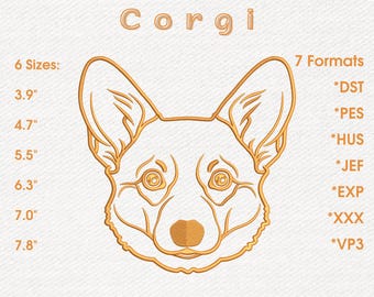 Corgi Embroidery Design – Cute Line Art Dog Pattern, 6 Sizes, Digital File for Machine Embroidery