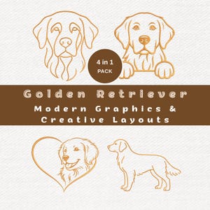 Puede incluir: Un conjunto de gráficos digitales con cuatro ilustraciones de golden retriever en arte lineal dorado. El texto dice 4 in 1 PACK, Golden Retriever, Modern Graphics & Creative Layouts. Los diseños incluyen un retrato, un perro con patas, un corazón y un cuerpo.
