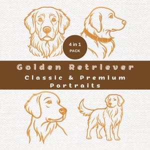 Puede incluir: Una colección digital de cuatro ilustraciones de golden retriever con retratos de arte lineal y una pose de cuerpo completo. El gráfico incluye el texto 4 in 1 PACK, Golden Retriever y Classic & Premium Portraits sobre un fondo marrón y blanco.