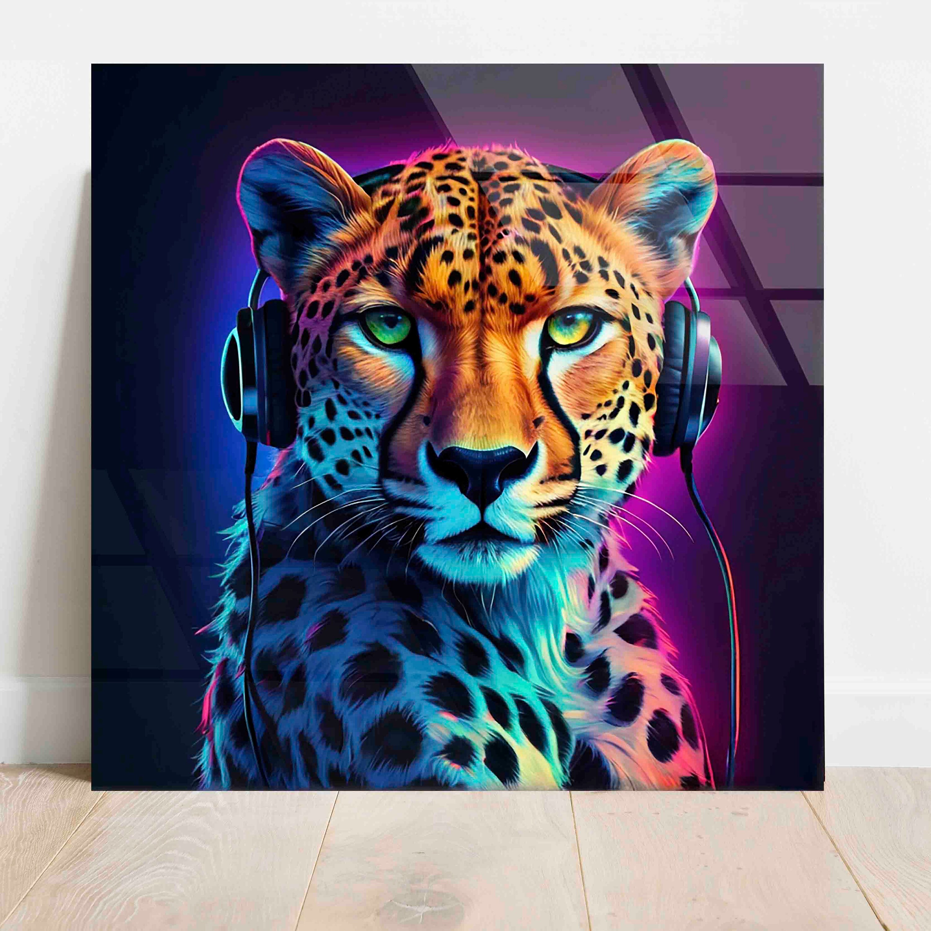 Cheetah With Headphones Stained Glass Wall Art Modern Art Tempered Glass Wall Art modern Home Decor housewarming Gift glass Printing Etsy