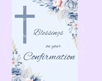 Blue Blessings Greeting Card Printable Digital Download for Confirmation or any Sacred Occasion, can be personalized