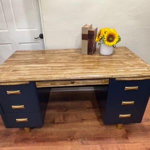 Mid Century Modern Writing Desk, MC, Restored Office Desk, Dovetail Drawers, Floral Print Liners, Blue & Gold Office Desk, Vintage Desk