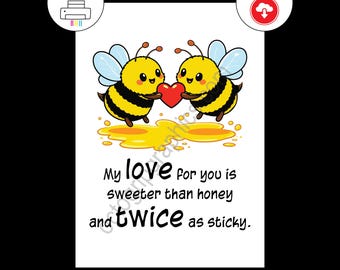 Bee Valentine Card, Sweeter Than Honey Love (Digital Download)