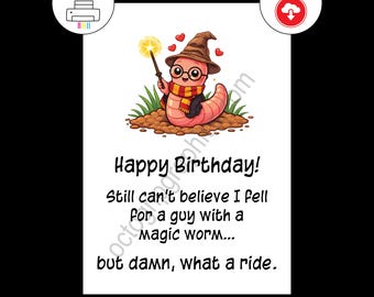 Funny Wizard Worm, Birthday Card for Him, Romantic Husband or Boyfriend