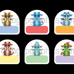 May include: Six colourful dragon stickers with a white arched border. Each dragon has a unique colour scheme, with matching coloured labels below. The dragons are in shades of blue, green, brown, and orange.