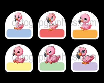 Printable School Supply Label Stickers, Daycare Label Stickers, Cute Flamingos, Baby Flamingo, DIY Personalized Name Labels, Medium Labels