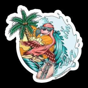 Surfing Flamingo, Flamingo, Sticker, Vinyl Sticker, Fun Sticker, Martini, Pink Flamingo, Funny, Cute Flamingo