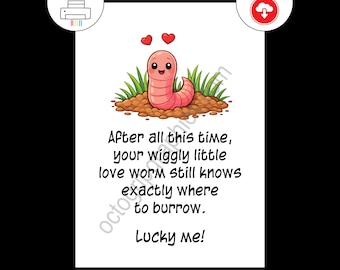Funny Love Worm Anniversary Card, Romantic Pun, Kawaii Humor (Digital Download)