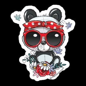 Panda Paradise, Vibrant Sticker, Fun, Vinyl Sticker, Fun Sticker, Funny Sticker, Panda Wearing Red Sunglasses, Flowers