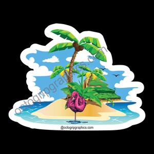 Tropical Island With Flamingo, Flamingo, Sticker, Vinyl Sticker, Fun Sticker, Tropical, Pink Flamingo, Graceful, Cute Flamingo, Palm Trees