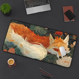 Sleeping Kitsune Desk Mat, Tranquil Workspace Essential, Mythical Fox, Japanese-Inspired Decor, Nature Lover&#39;s Gift, Relaxing Accent