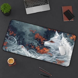 Fox Desk Mat, Kitsune Forest Ghost, Mouse Pad, Gaming Pad, Office Desk Decor, Japanese Mythology Design, Large Desk