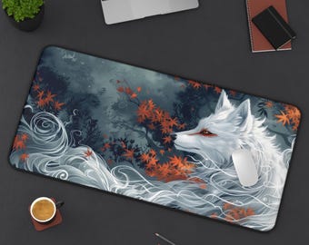 May include: A white wolf with red eyes is depicted in a stylized illustration. The wolf is surrounded by a swirling pattern of white lines and orange leaves. The background is a dark blue with a misty effect.