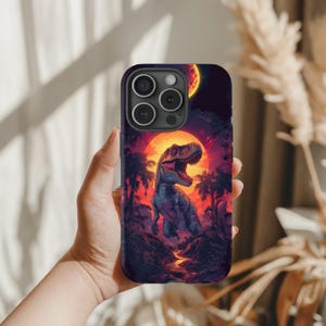 T Rex Poster Art iPhone Case Cool Bright for iPhone 17 16 15 14 13 12 Tough Phone Cover Colorful Dino Design Sunset Eclipse