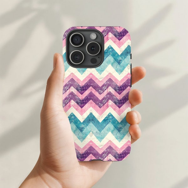 Pastel Chevron Pattern iPhone Case Cute Bright for iPhone 15 14 13 12 11 Tough Phone Cover Trendy Zig Zag Print Pink Purple Teal