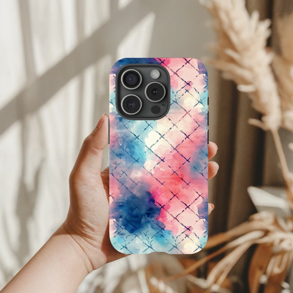 Girly Lattice Pattern iPhone Case Cute bright for iPhone 15 14 13 12 11 Tough Phone Cover Trendy Tile Blue and Pink