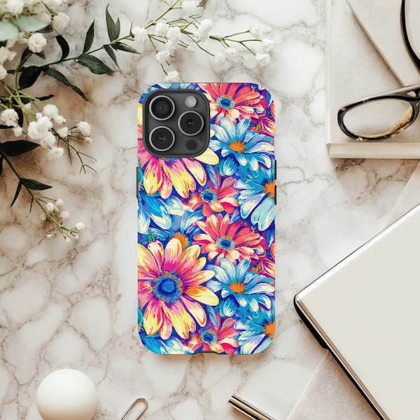 Daisy Flower Pattern iPhone Case Cute Bright for iPhone 15 14 13 12 11 Tough Phone Cover Lilly Inspired Preppy Floral Print Yellow Pink Blue