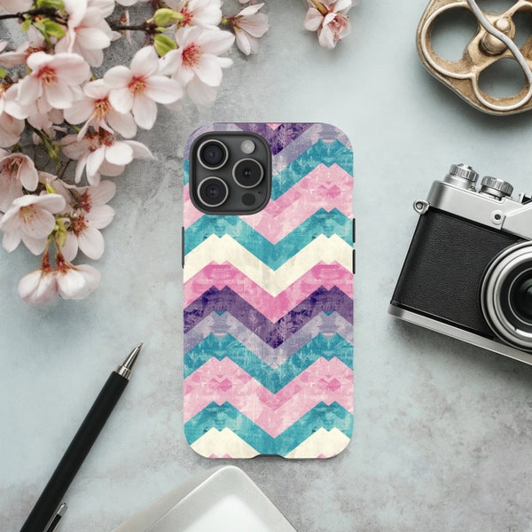 Pastel Chevron Pattern iPhone Case Cute Bright for iPhone 15 14 13 12 11 Tough Phone Cover Trendy Zig Zag Print Purple Pink Teal Cream