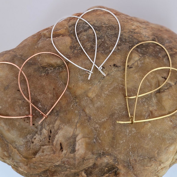 Artisan handmade teardrop shaped hoop threader earrings Gold tone, silver tone or copper wire hand sculpted.