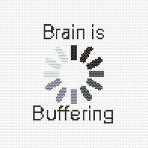 Puede incluir: Un fondo blanco con texto negro que dice "Brain is" y un icono de carga negro y gris con el texto "Buffering" debajo del icono.