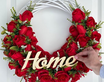 Couronne de roses rouges pour porte d'entrée - Couronne de signe de bienvenue - Décoration romantique - Saint Valentin - Couronne de fleurs artificielles