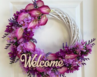 Mixed Purple Flower and Calla Lilies Spring Wreath size 20 inches, Seasonal Wreath for Front Door Wreath, Front Door Decor, Welcome Sign