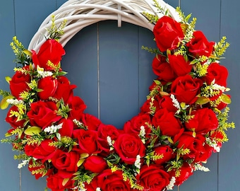 Spring Wreath Front Door Outdoor | Red Wreath for Front Door with Artificial Red Roses | Red Rose Wreaths