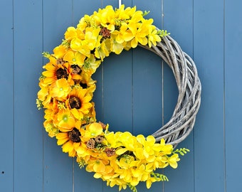 Elegante corona de girasol para la puerta principal durante todo el año, corona de girasol de verano, corona de girasol de seda hecha a mano, corona de decoración del hogar