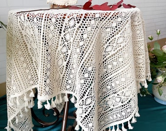 Vintage Handmade Crochet Tablecloth: Intricate Round Cotton Pattern