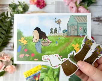 Garden Greenhouse Flower Cottage Core Aesthetic Plant Mug and Boots Art Print and Waterproof Stickers Combo Pack