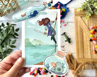 Pirate Ship Ocean Adventure Cute Octopus Goldfish Turtle Aesthetic Ship In A Bottle Art Print Waterproof Sticker Bundle