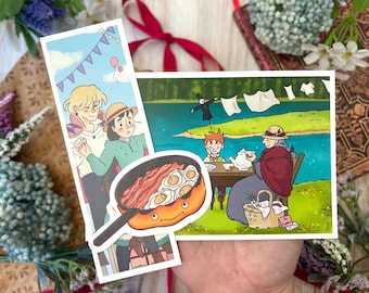 Howls Moving Castle Cute Fantasy Romance Howl and Sophie Bookmark Calcifer Fire Demon Waterproof Sticker Old Sophie Picnic Art Print Bundle