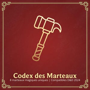 May include: A gold-colored illustration of a hammer on a red background. The text "Codex des Marteaux" is at the bottom, with additional text below. The image has a decorative gold border.